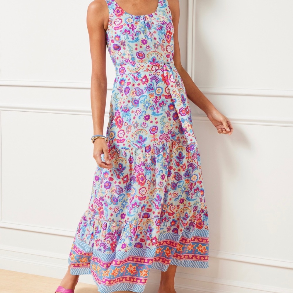 Talbots Size 6 Floral Maxi Dress Sleeveless Fit & Flare Belted | Blue Pink Boho